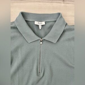 Men Reiss Olive Green Albany Textured Zip-Neck Polo Shirt Size XS Like New